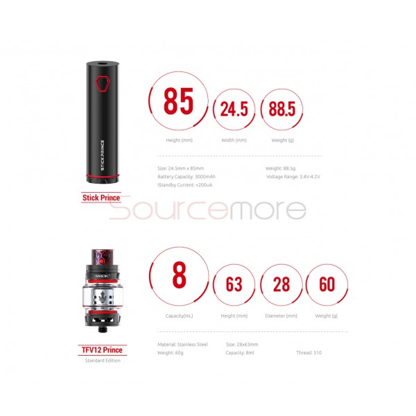 Smok Stick Prince Kit 3000mah Stick Prince Battery with 8ml TFV12 Prince Tank-Red