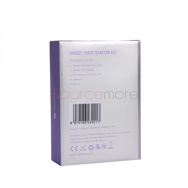 Vaporesso TARGET VTC V2 75W Starter Kit Target 75W VT/VW Single 18650 Box Mod No Spitting Target Tank with cCELL Coil-Purple