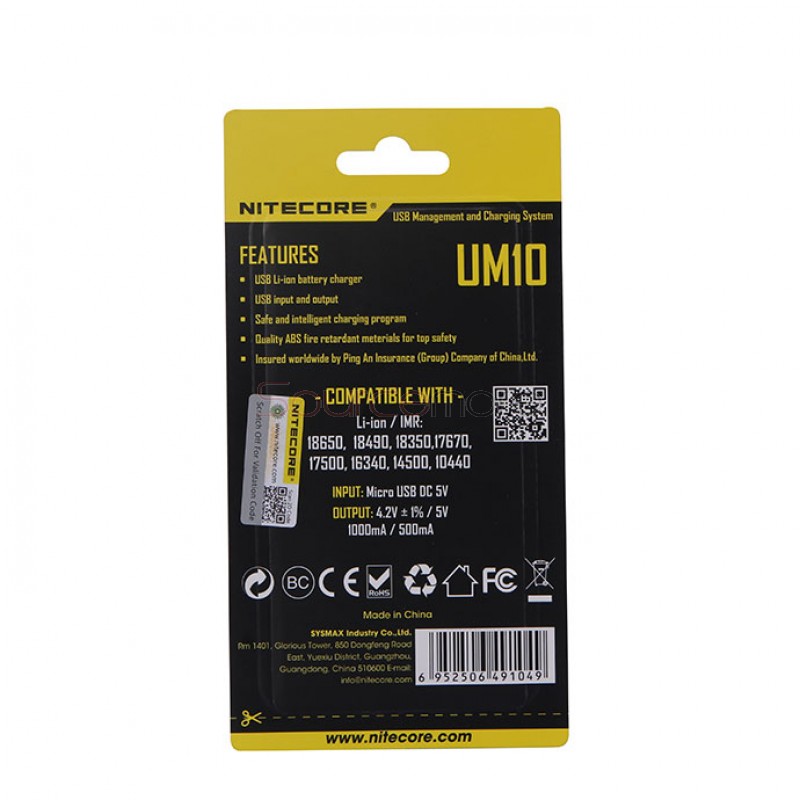 Nitecore UM10  Li-ion Battery  Single Channel Charger with LCD Display - US Plug