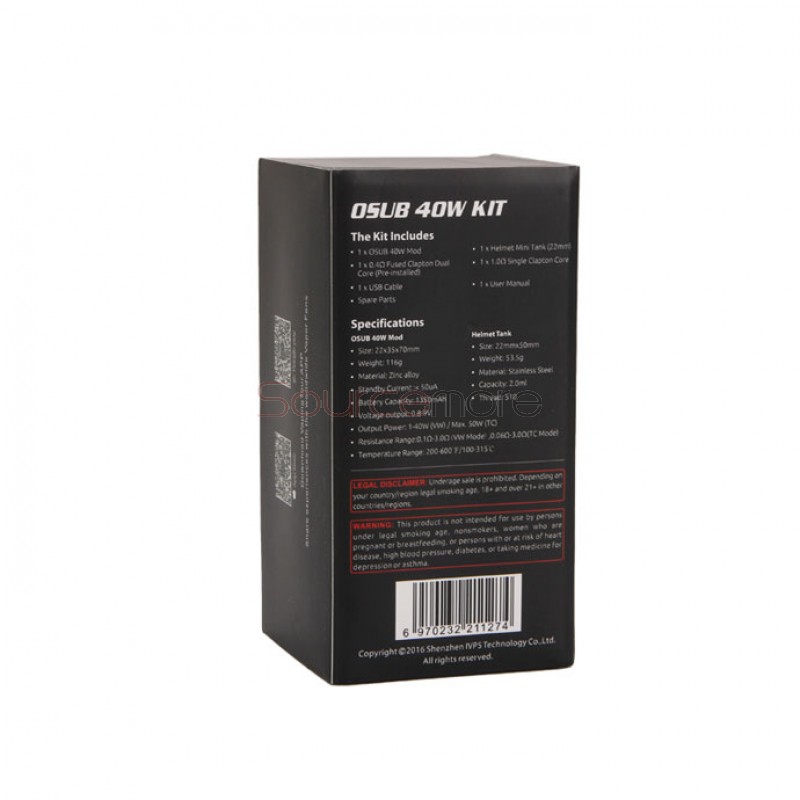 Smok OSUB 40W Kit 2ml 22mm Helmet Mini Tank with 1350mah TC OSUB Mod- Black Silver