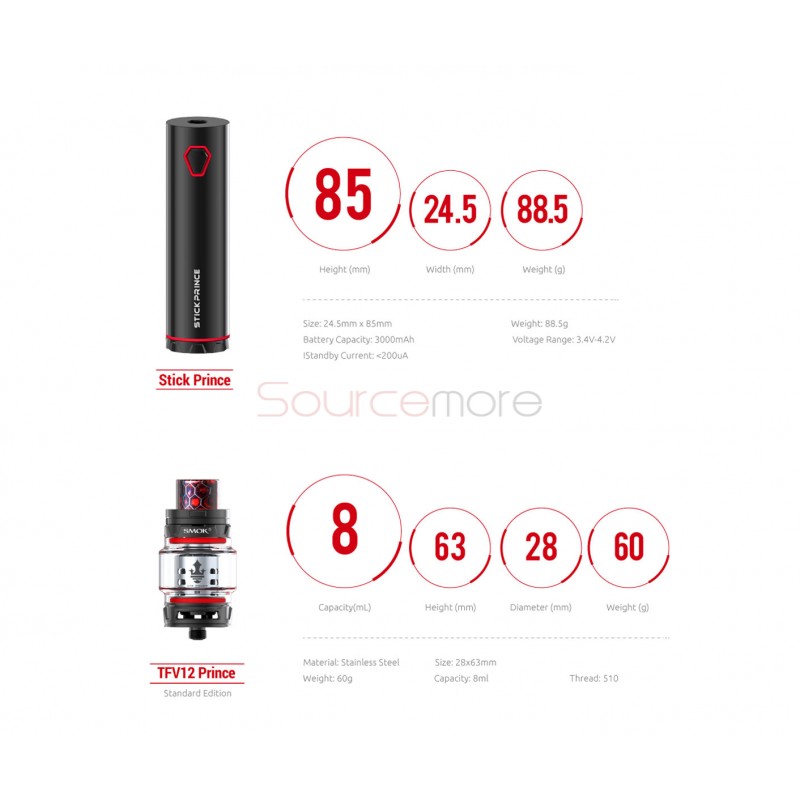Smok Stick Prince Kit 3000mah Stick Prince Battery with 8ml TFV12 Prince Tank-Red