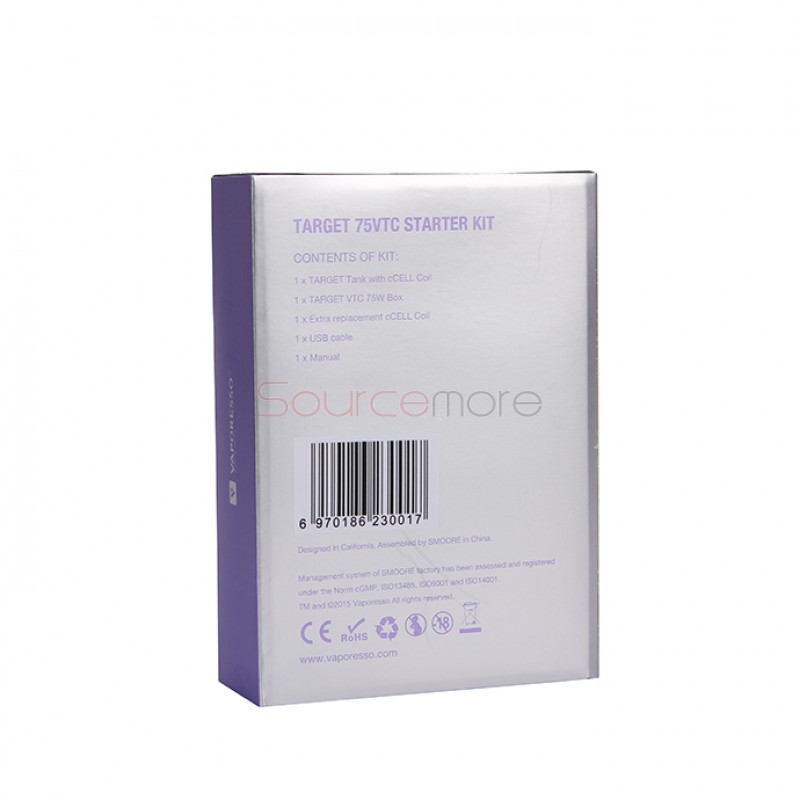 Vaporesso TARGET VTC V2 75W Starter Kit Target 75W VT/VW Single 18650 Box Mod No Spitting Target Tank with cCELL Coil-Purple