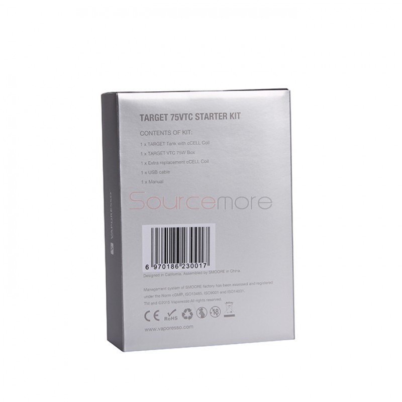 Vaporesso TARGET VTC V2 75W Starter Kit Target 75W VT/VW Single 18650 Box Mod No Spitting Target Tank with cCELL Coil-Stainless Steel