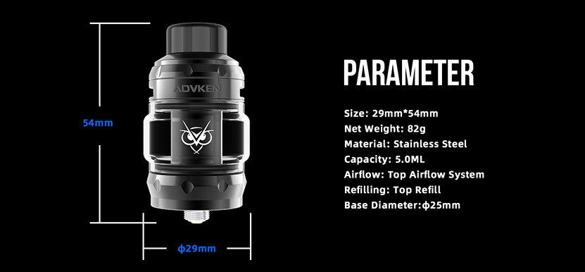Advken Owl Pro Tank Atomizer Specification