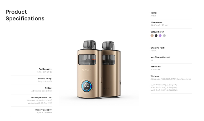 Aspire Avata Pod Kit Specification