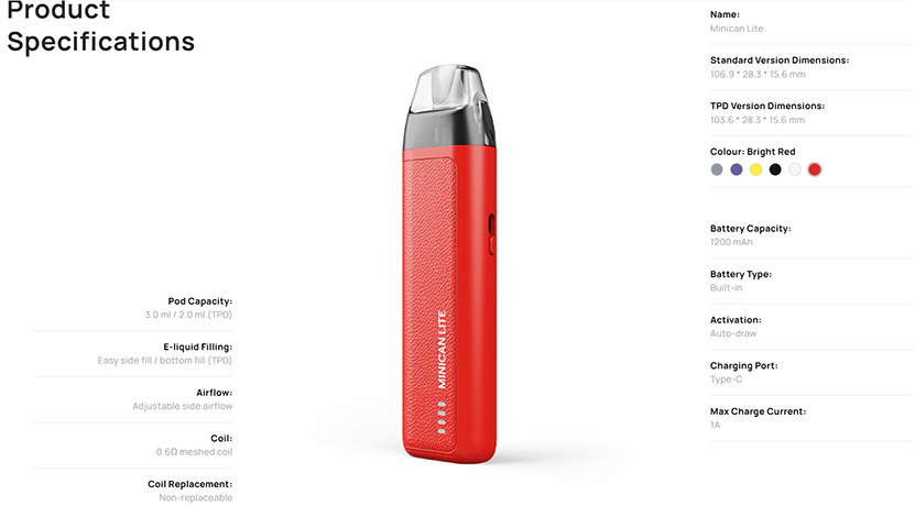 Aspire Minican Lite Kit Specification