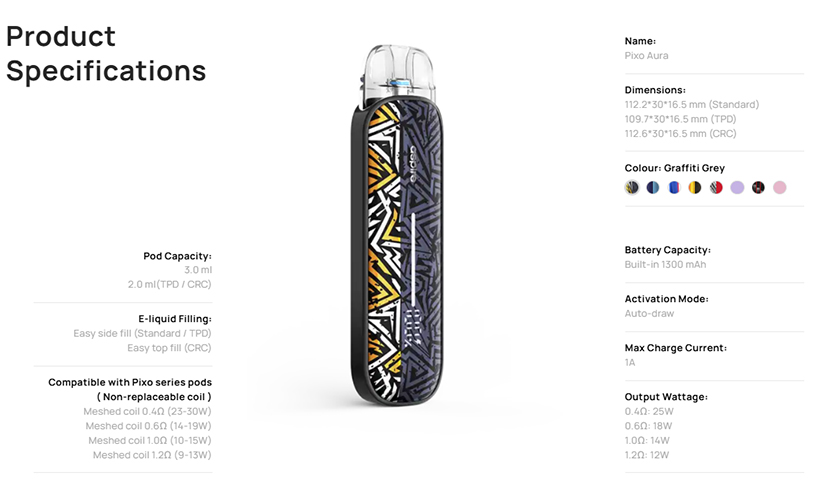 Aspire Pixo Aura Kit Specification