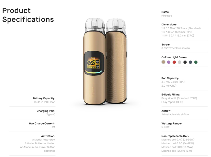 Aspire Pixo Neo Pod Kit Specification