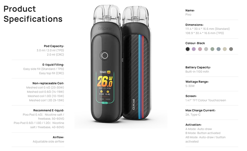 Aspire Pixo Pod Kit Specification