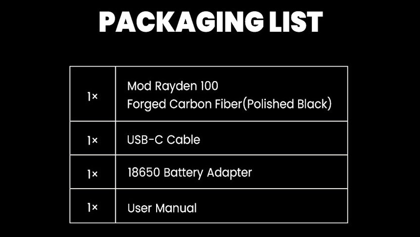 BD Vape Rayden 100 Mod Forged Carbon Fiber Packing List