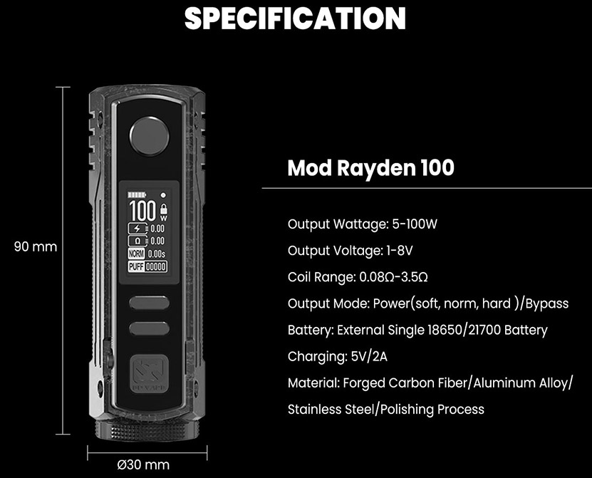 BD Vape Rayden 100 Mod Forged Carbon Fiber Specifications