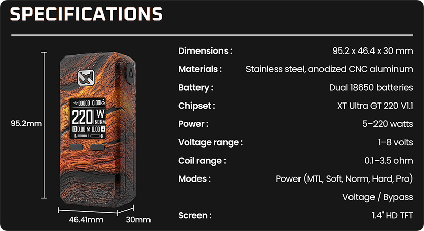 BD Vape Rayden 220 Mod Volcano Edition Specification