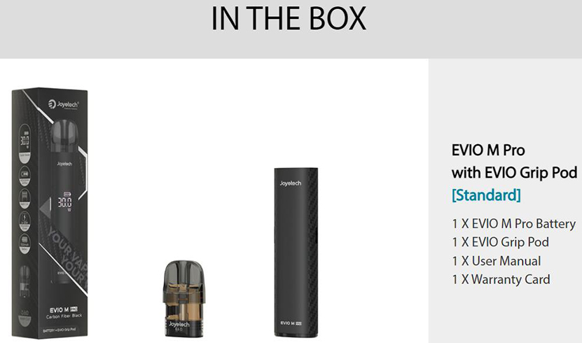 Joyetech EVIO M Pro Kit with EVIO Grip Pod Packing List