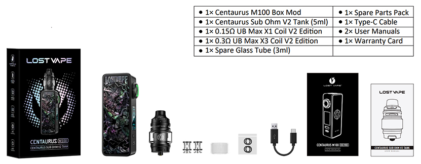 Lost Vape Centaurus M100 Kit with Centaurus Sub Ohm V2 Tank Package