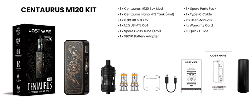 Lost Vape Centaurus M120 Kit with Centaurus Nano MTL Tank Package