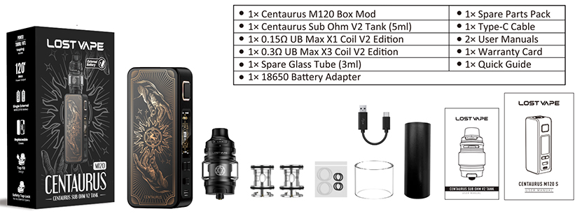 Lost Vape Centaurus M120 Kit with Centaurus Sub Ohm V2 Tank Package