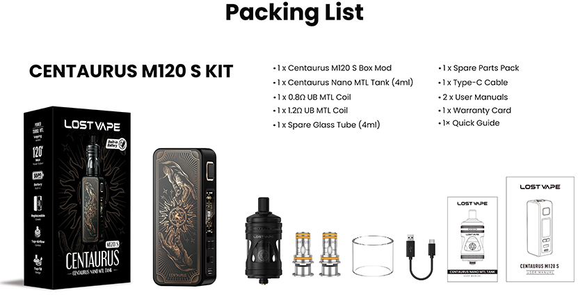 Lost Vape Centaurus M120 S Kit Packing List
