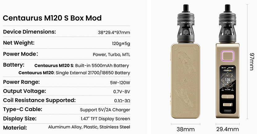 Lost Vape Centaurus M120 S Kit Mod Specification