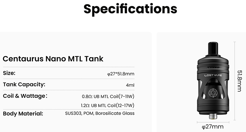 Lost Vape Centaurus M120 S Kit Tank Specification