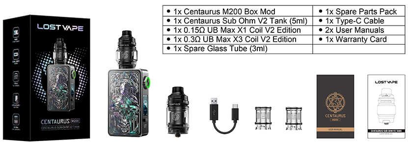 Lost Vape Centaurus M200 Kit with Centaurus Sub Ohm V2 Tank Packing List Package