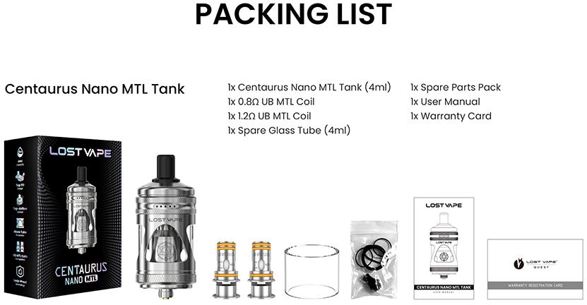 Lost Vape Centaurus Nano MTL Tank Packing List