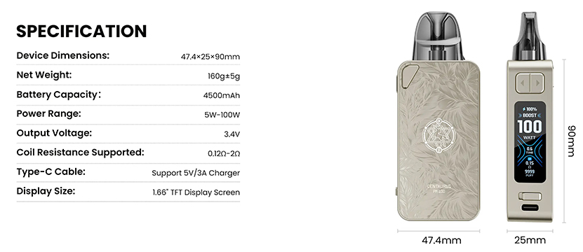 Lost Vape Centaurus PM100 Kit Specification