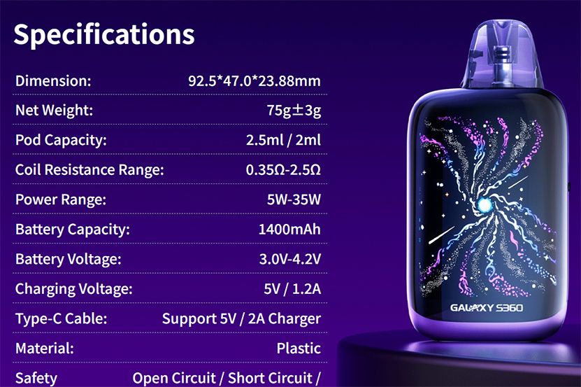Lost Vape Galaxy S360 Pod Kit Specification