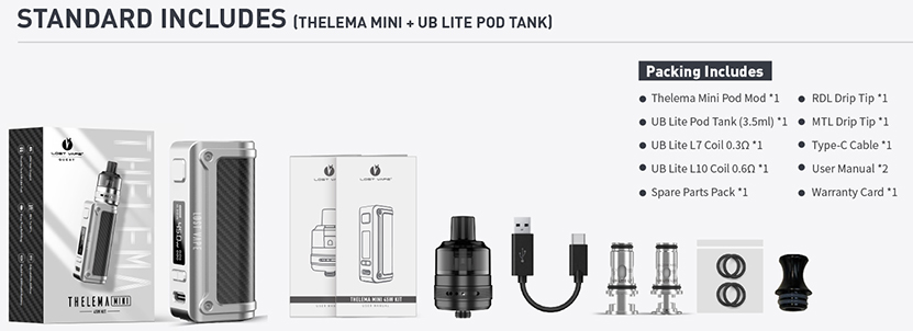 Lost Vape Thelema Mini Kit with UB Lite Pod Tank Package List