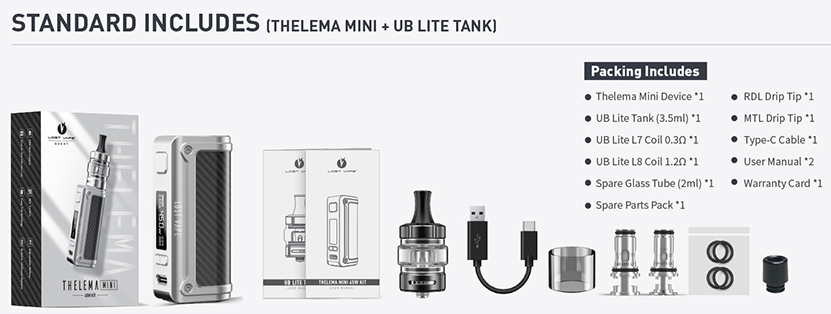 Lost Vape Thelema Mini Kit with UB Lite Tank Package List
