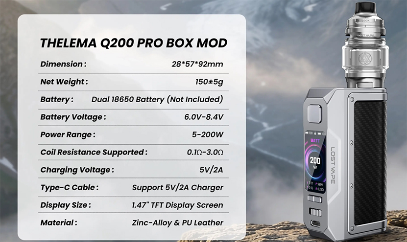 Lost Vape Thelema Q200 Pro Mod Specs