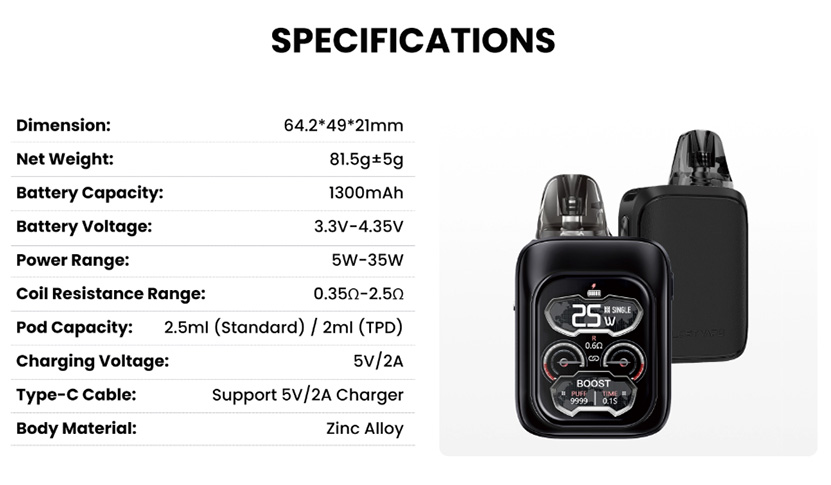 Lost Vape Ursa Baby 3 Pro Kit specs