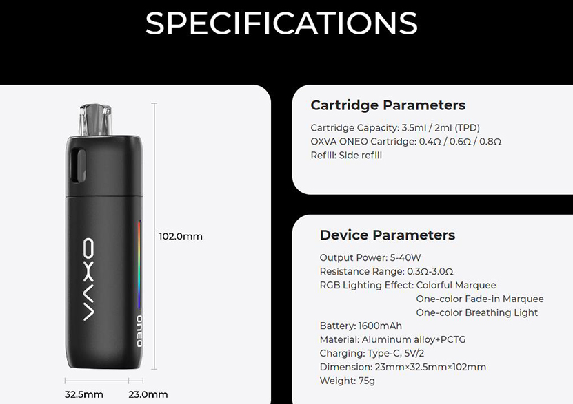 OXVA Oneo Pod Kit Specifications