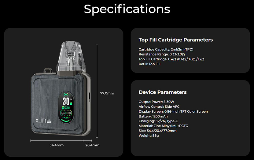 OXVA Xlim SQ Pro Kit Specifications