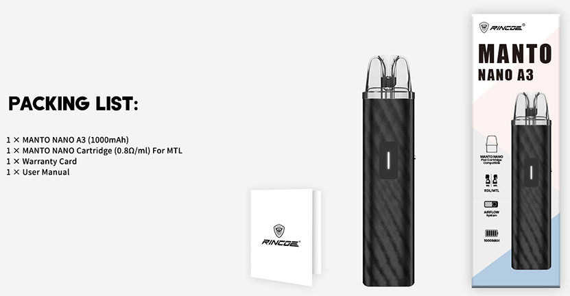 Rincoe Manto Nano A3 Pod Kit Packing List