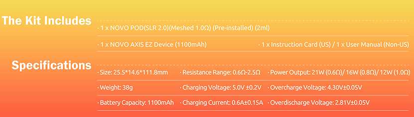 SMOK Novo Axis EZ Pod Kit Specifications