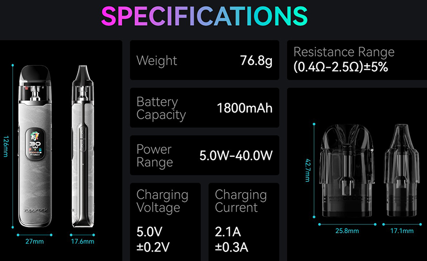 Vaporock X1 Pod Kit Specifications