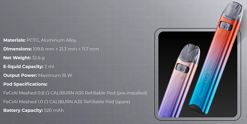 Uwell Caliburn A3S Kit Specifications