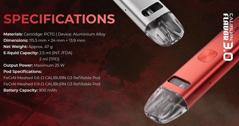 Uwell Caliburn G3 Pod Kit Specifications