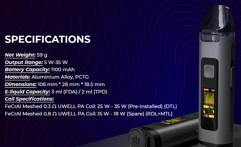 Uwell Crown D Pod Mod Kit Specifications