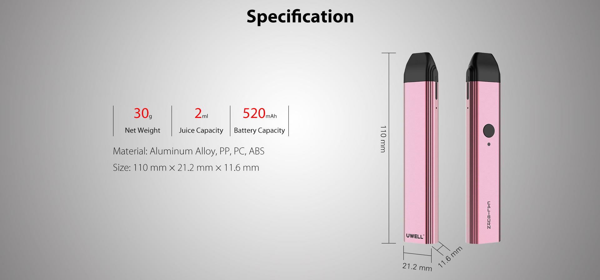 Caliburn Pod System Kit Specifications