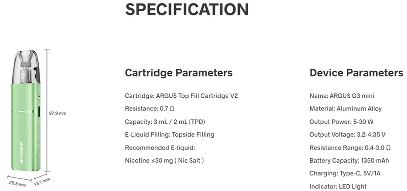 VOOPOO Argus G3 Mini Kit Specifications