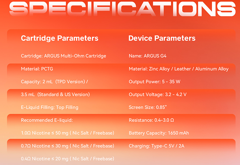 VOOPOO Argus G4 Pod Kit Specifications