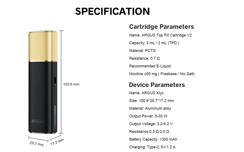 VOOPOO Argus Klyc Kit Specification