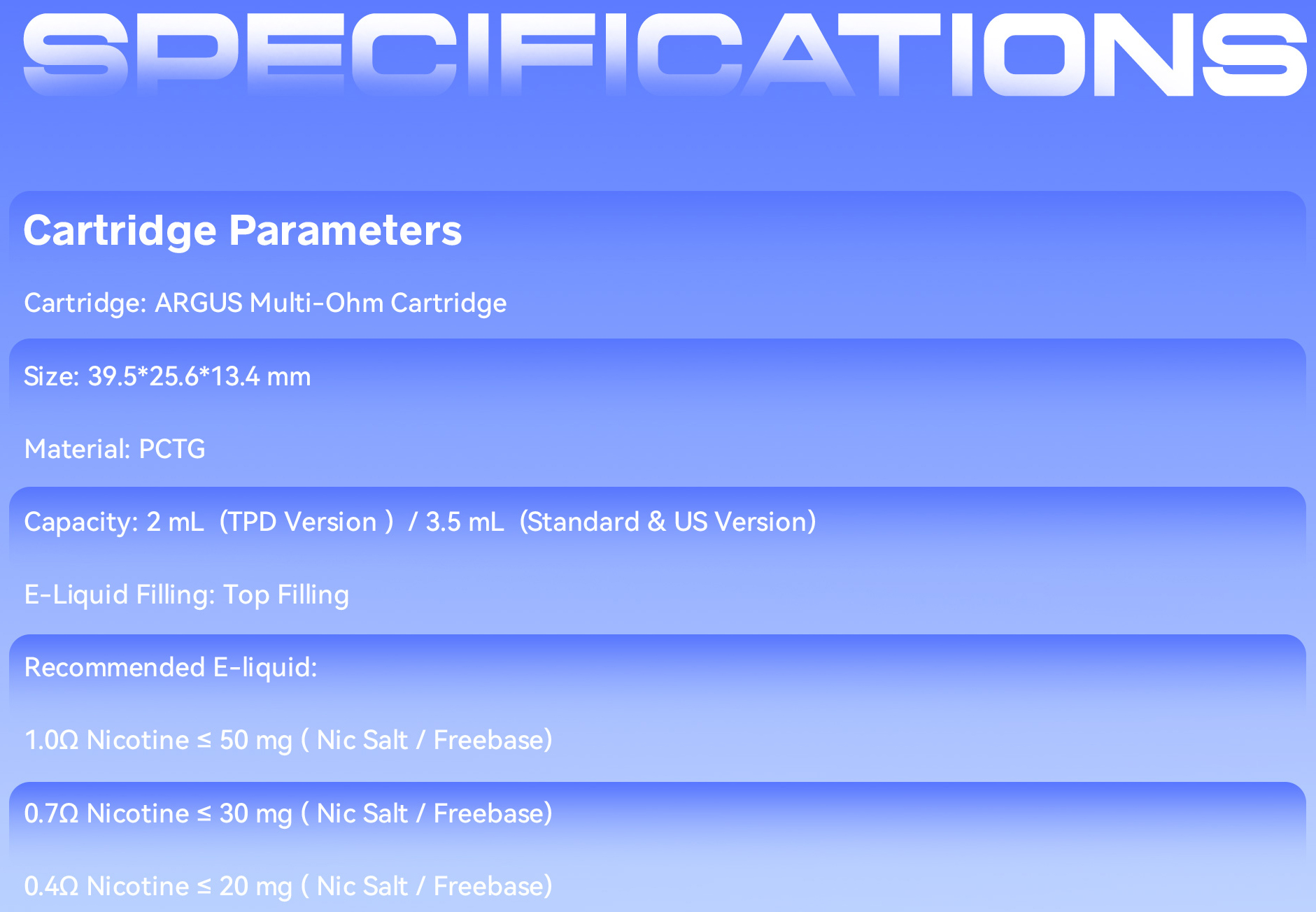 VOOPOO Argus Multi Ohm Cartridge Specifications