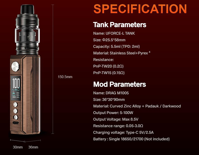 VOOPOO Drag M100S Kit Specifications