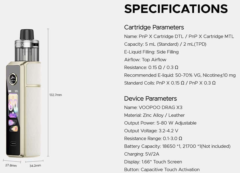 VOOPOO Drag X3 Pod Mod Kit Specifications