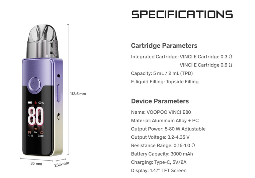 VOOPOO VINCI E80 Kit Specifications