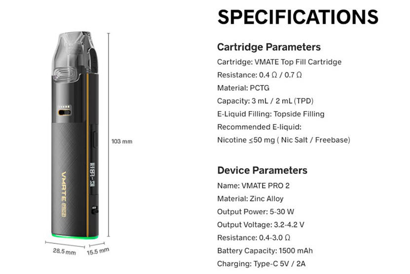 VOOPOO Vmate Pro 2 Kit Specifications
