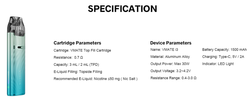 VOOPOO Vmate i3 Pod Kit Specification