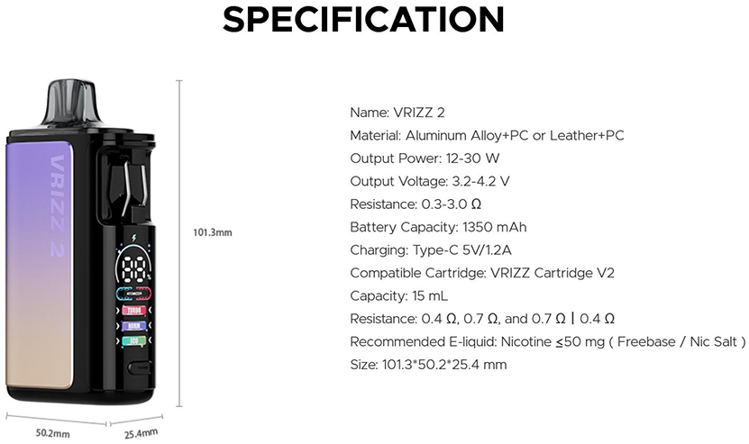 VOOPOO Vrizz 2 Pod Kit Specifications